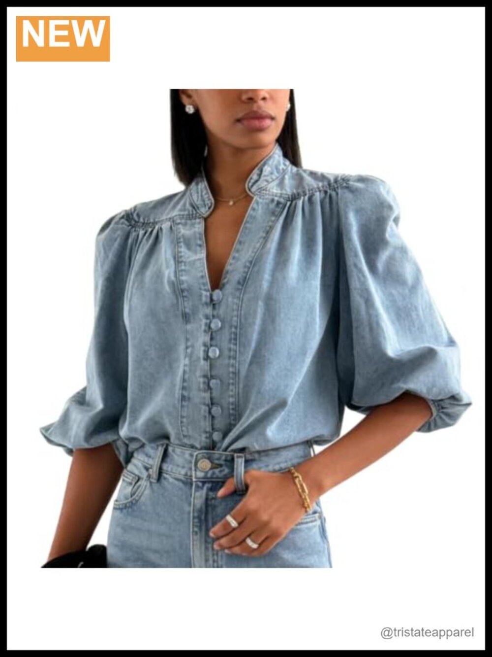 Women 3/4 Lantern Sleeve V-Neck Button Down Denim Shirt